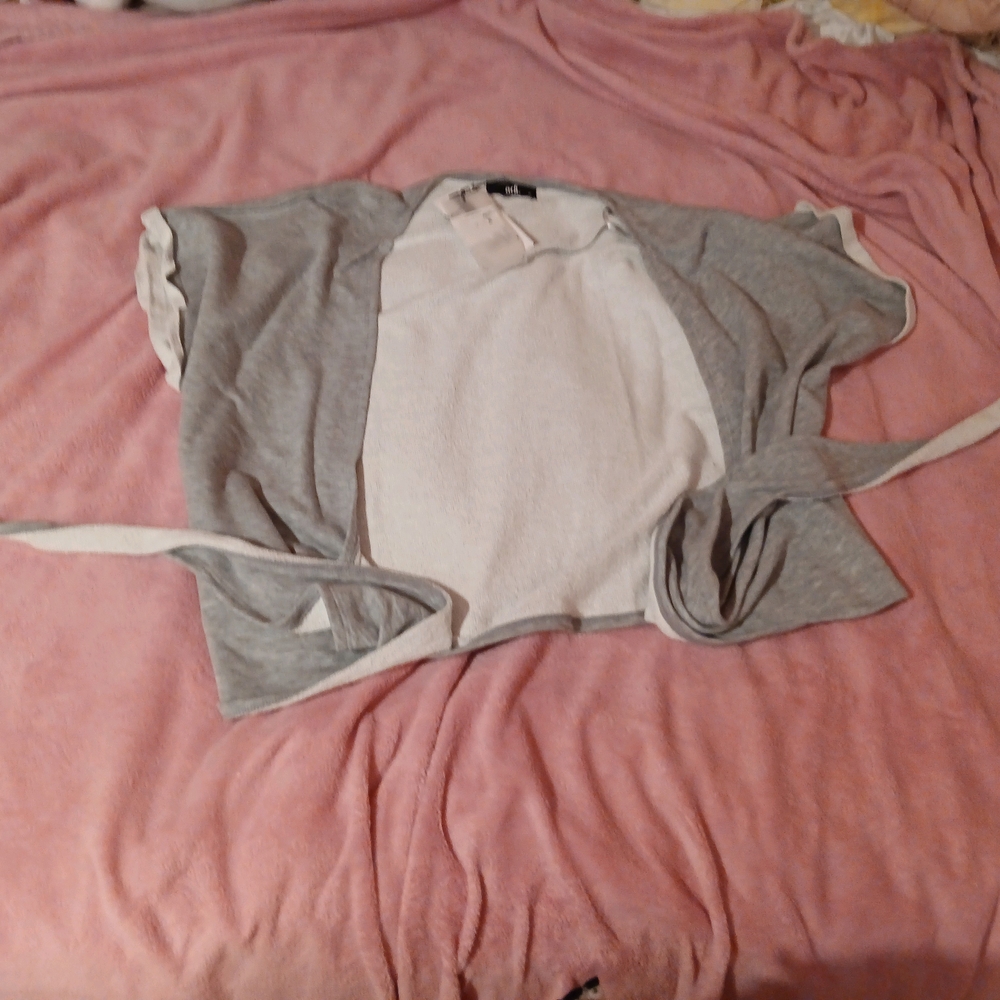 Gray and White Open Front Wrap Cardigan